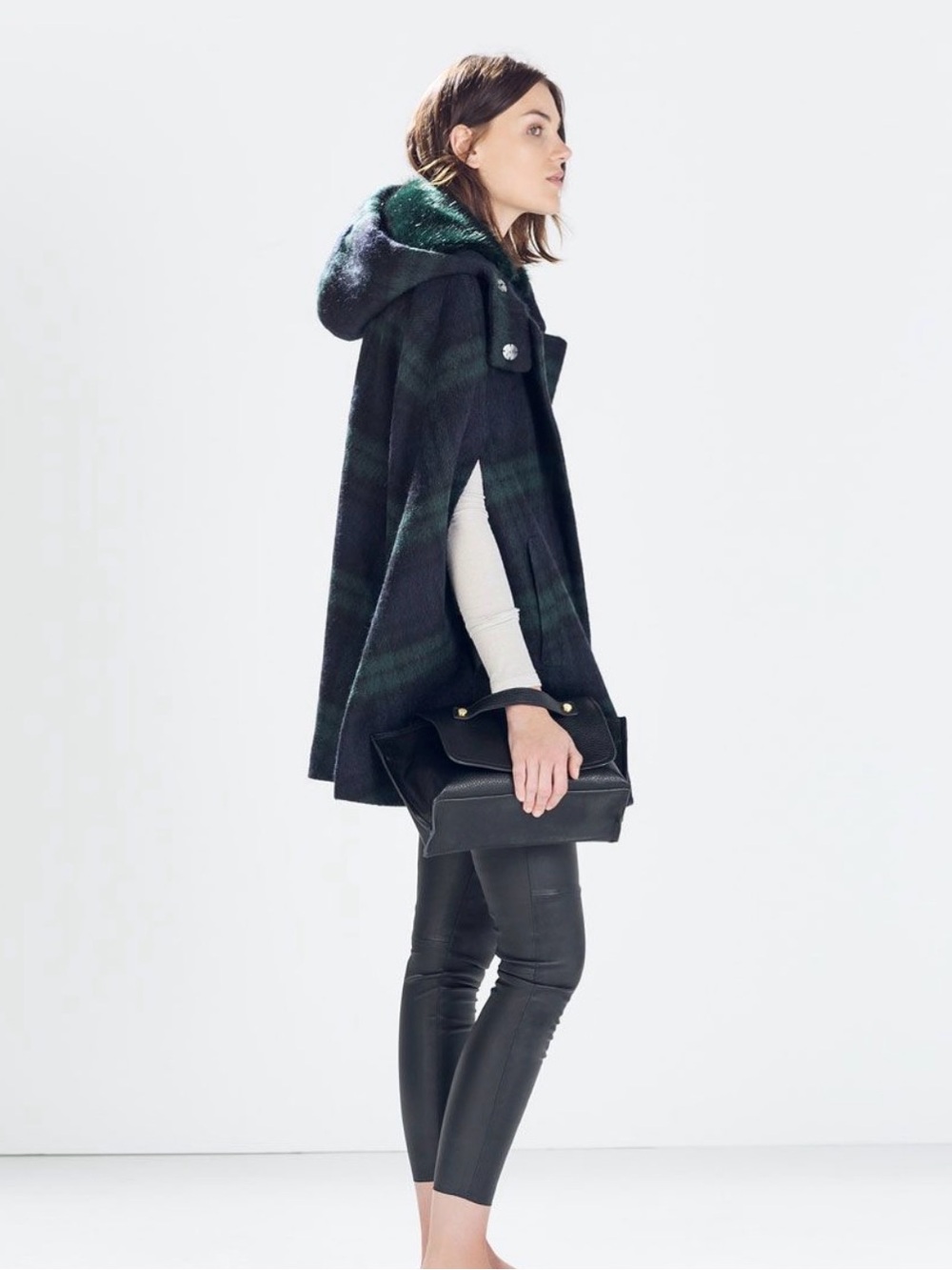 Zara Wool Blend Tartan Cape with Faux Fur Hood